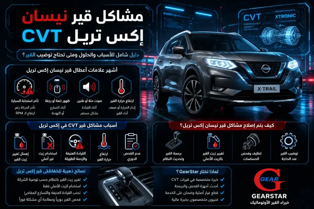 شاكل قير نيسان إكس تريل: الأسباب والحلول ومتى تحتاج توضيب القير؟ 1 مشاكل قير نيسان إكس تريل CVT وأسباب الأعطال الشائعة