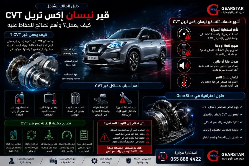 شاكل قير نيسان إكس تريل: الأسباب والحلول ومتى تحتاج توضيب القير؟ 2 مشاكل قير نيسان إكس تريل CVT وأسباب تلف القير الأوتوماتيك