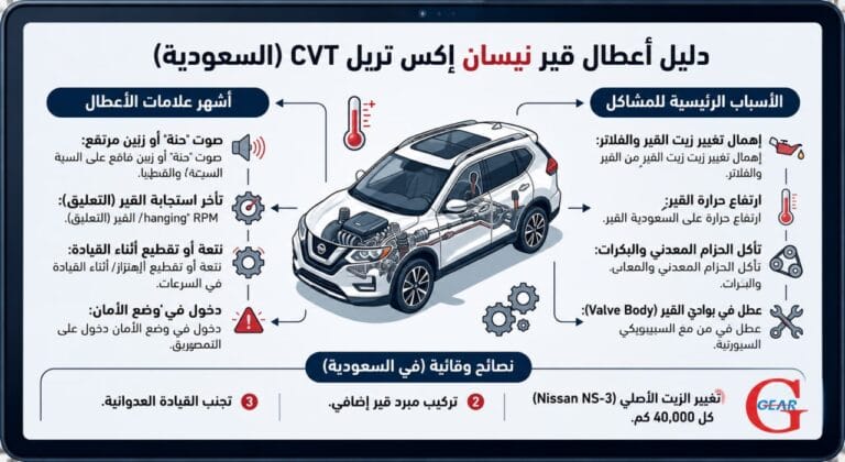 شاكل قير نيسان إكس تريل: الأسباب والحلول ومتى تحتاج توضيب القير؟ 2 مشاكل قير نيسان إكس تريل CVT وأشهر الأعطال