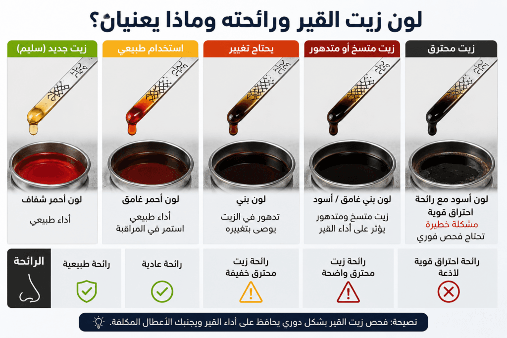 هل نقص زيت القير يسبب النتعة؟ وكيف تتأكد بنفسك؟ 2 لون زيت القير ورائحته وماذا يعنيان