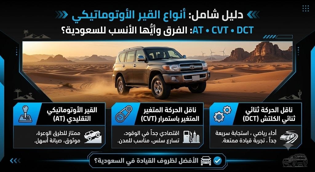 أنواع القير الأوتوماتيكي: مقارنة بين AT و CVT و DCT للقيادة في السعودية.