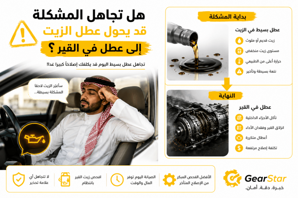 كيف تفرق بين عطل زيت القير وعطل القير نفسه؟ دليل عملي للتشخيص 2 هل تجاهل المشكلة قد يحول عطل الزيت إلى عطل في القير